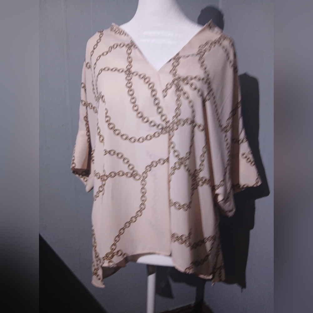 Worthington Cream Chain-Print Blouse | V-Neck Short Sleeve | Size L